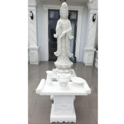 Hoàn thành lắp đặt combo tượng Quan Âm đứng + bộ bàn lễ bằng đá cẩm thạch trắng